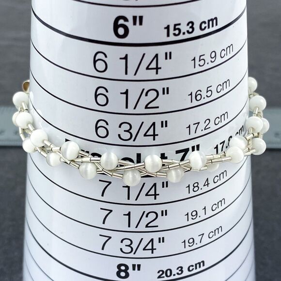 Braided White Synthetic Cat's Eye Bracelet | Sterling Liquid Silver 925 | 7" - Picture 4 of 5